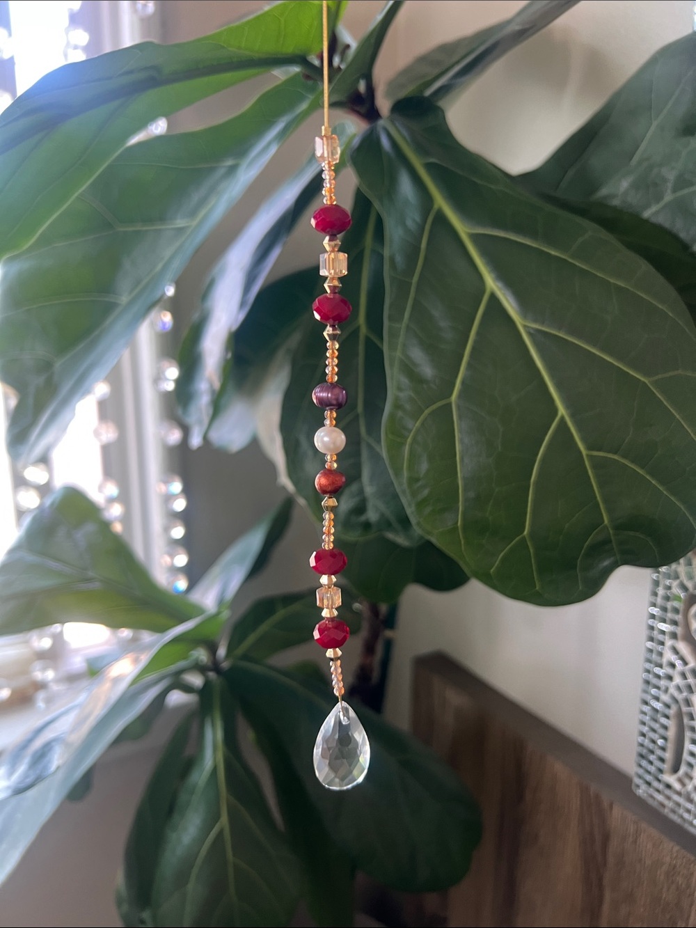 Colored Freshwater Pearls & Red Beaded Sun Catcher with Gold Accents